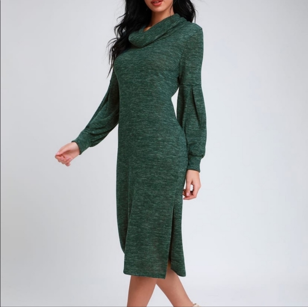 NEW Lulus Mattea Heathered Dark Green Cowl Neck Midi Sweater Dress size XS